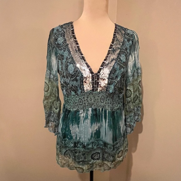 Hale Bob Teal & Silver Silk Embellished Patterned Blouse smocked waist size M